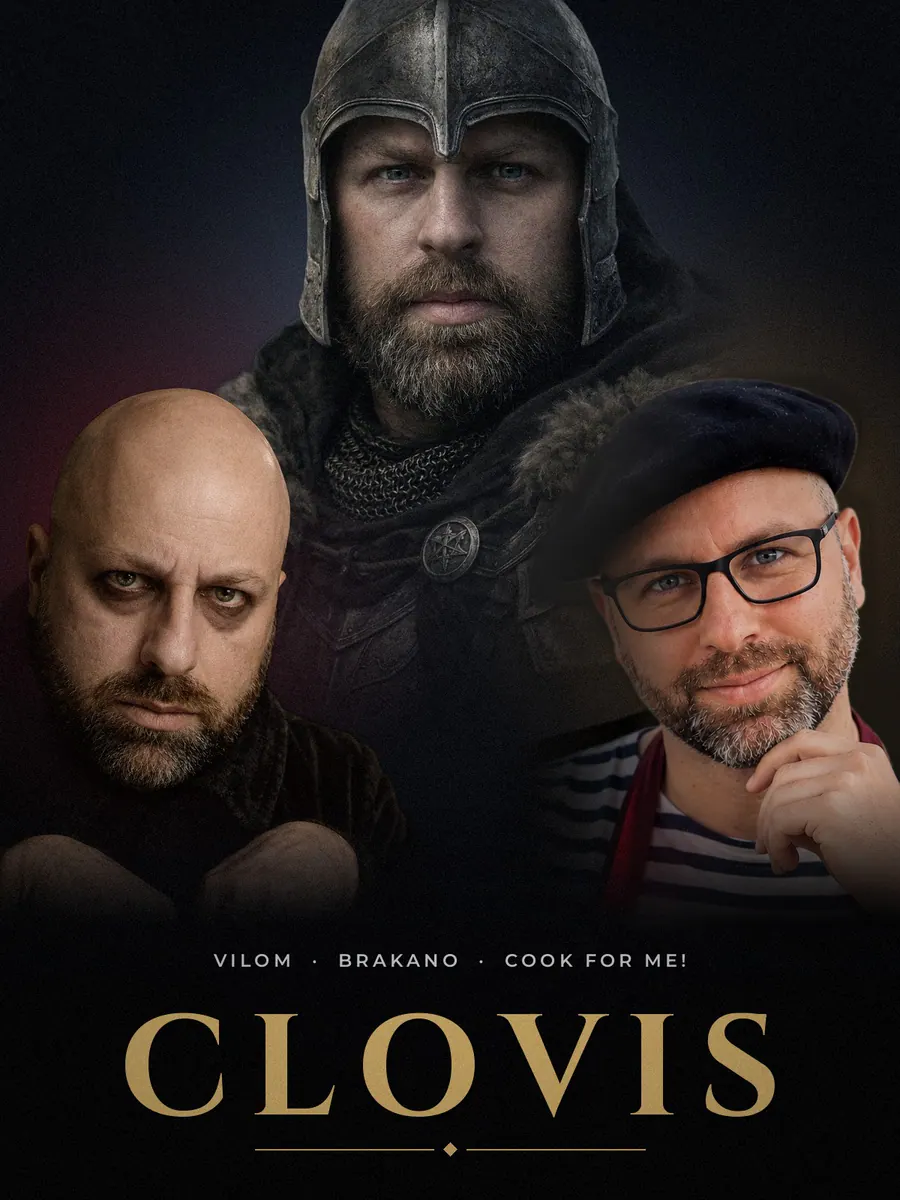 Affiche de film « Clovis » : Clovis en oncle inquiétant (Vilom), en chevalier solitaire (Brakano) et en coloc charmeur à béret (Cook for me!)
